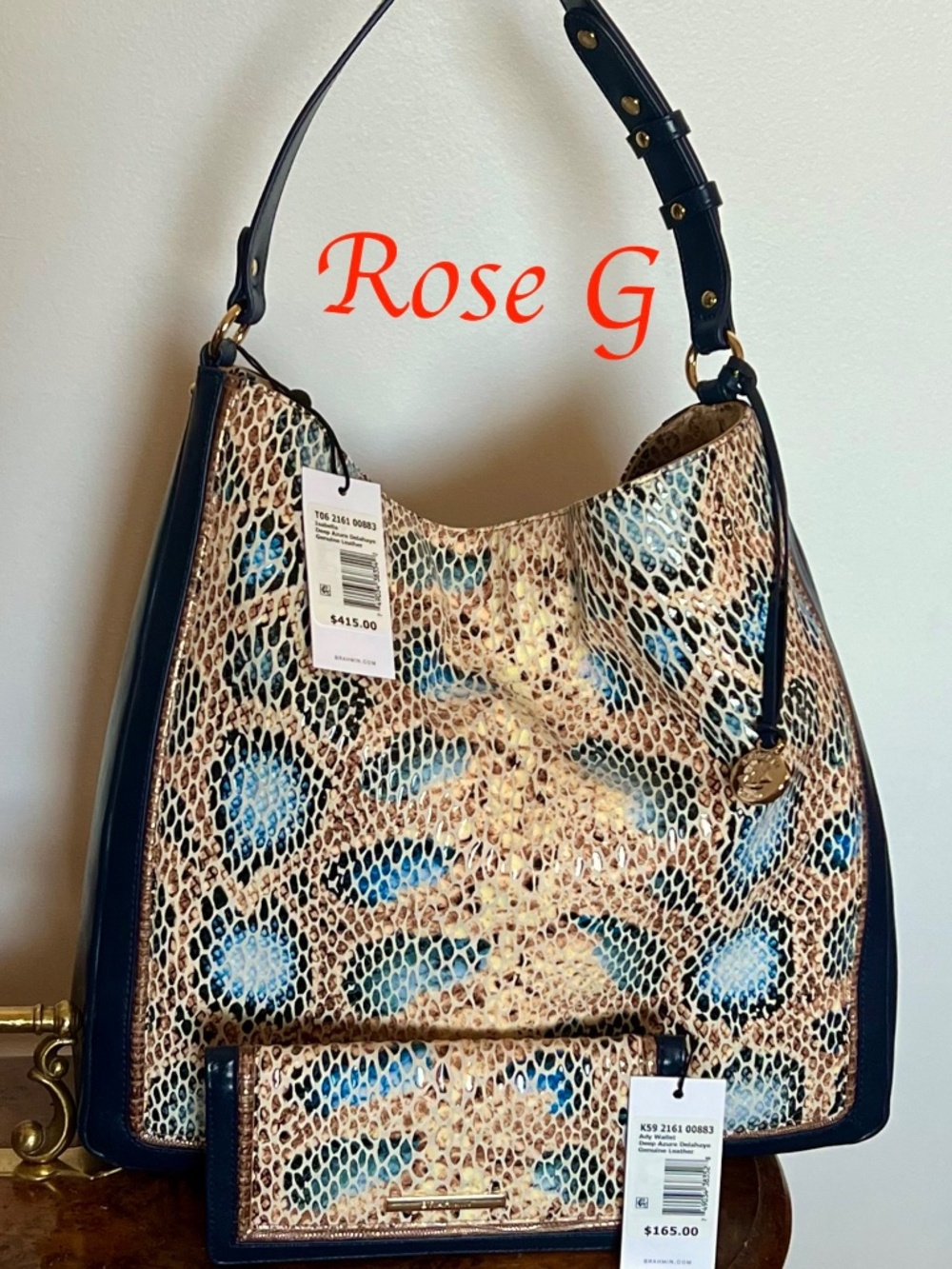 NWT Brahmin Deep Azure Delahaye Isabella Bag Ady Wallet Set Snake Print Leather
